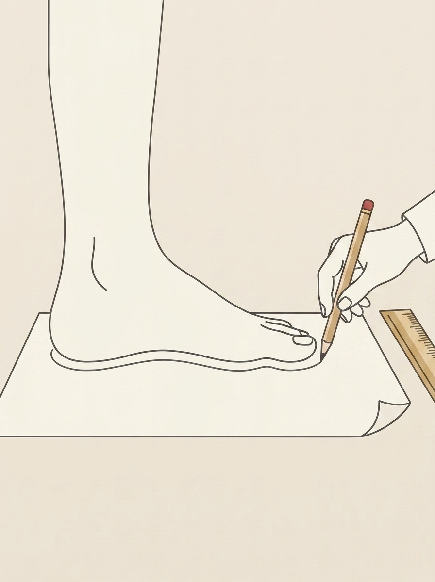 Illustration showing drawing around a foot to measure it