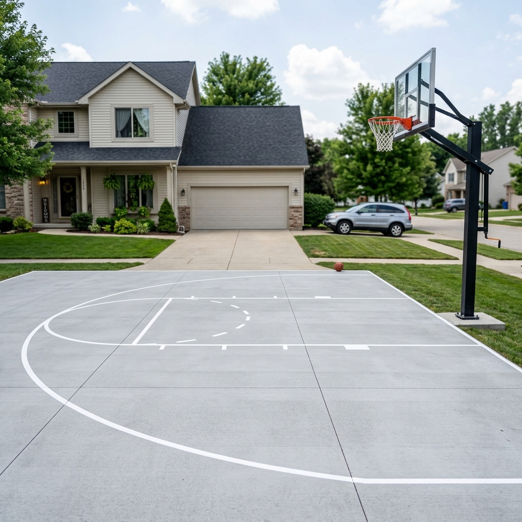 Basketball court striping on a residential driveway with free-throw and three-point lines