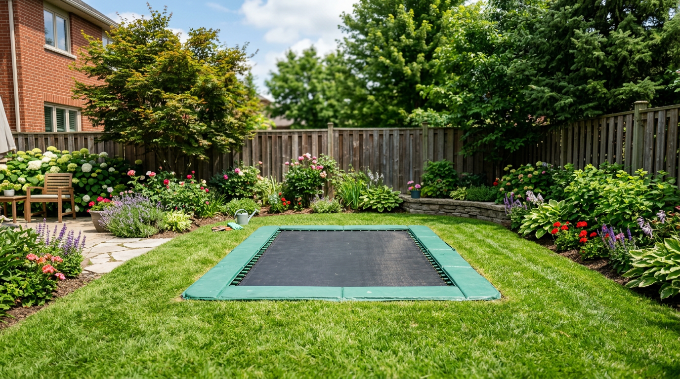 Compact rectangular in-ground trampoline in a smaller backyard with garden beds
