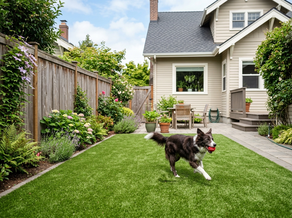 Dog playing on artificial turf in a residential backyard