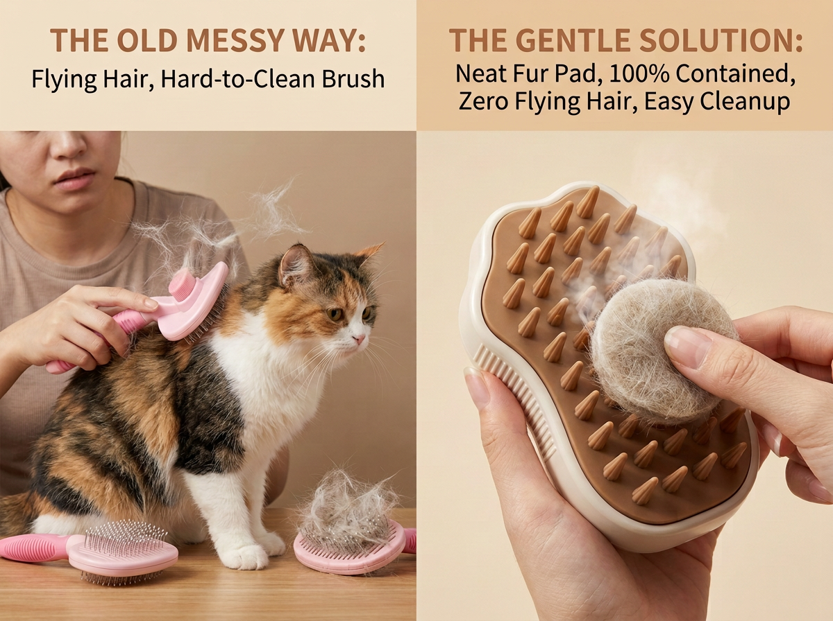 Furly warm mist silicone brush with clean disc of trapped fur