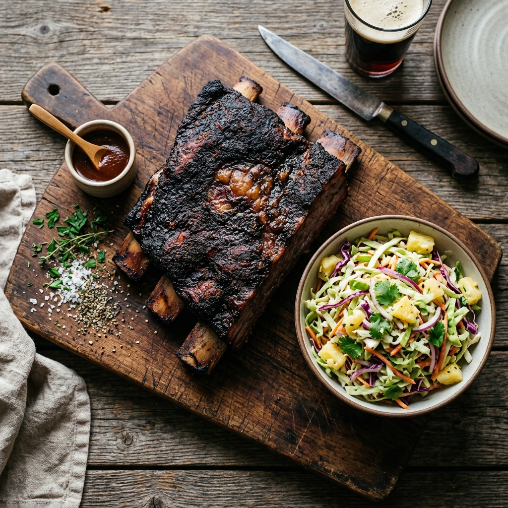 Smoked dinosaur beef ribs and pineapple coleslaw