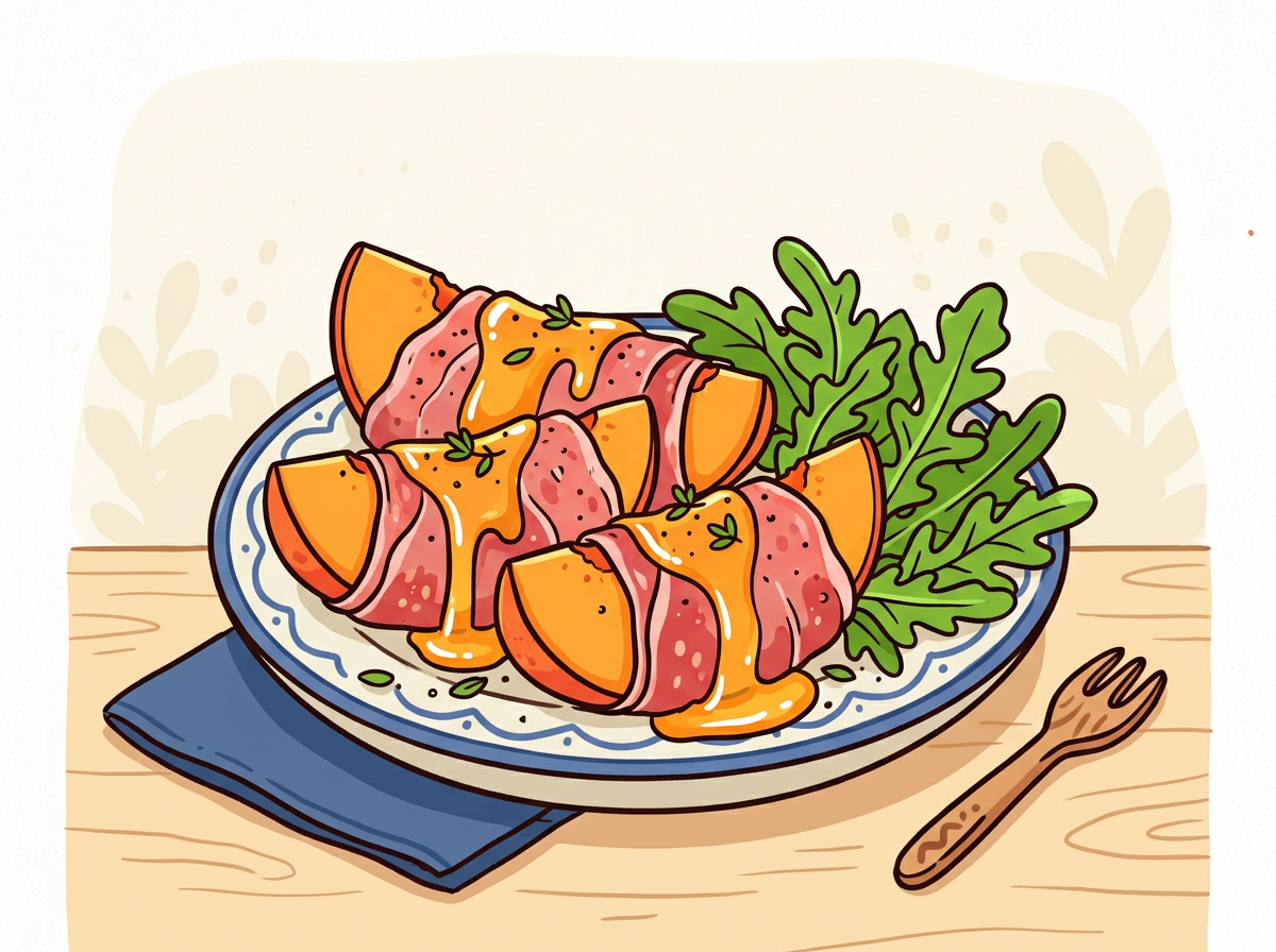 Cartoon illustration of prosciutto-wrapped peaches