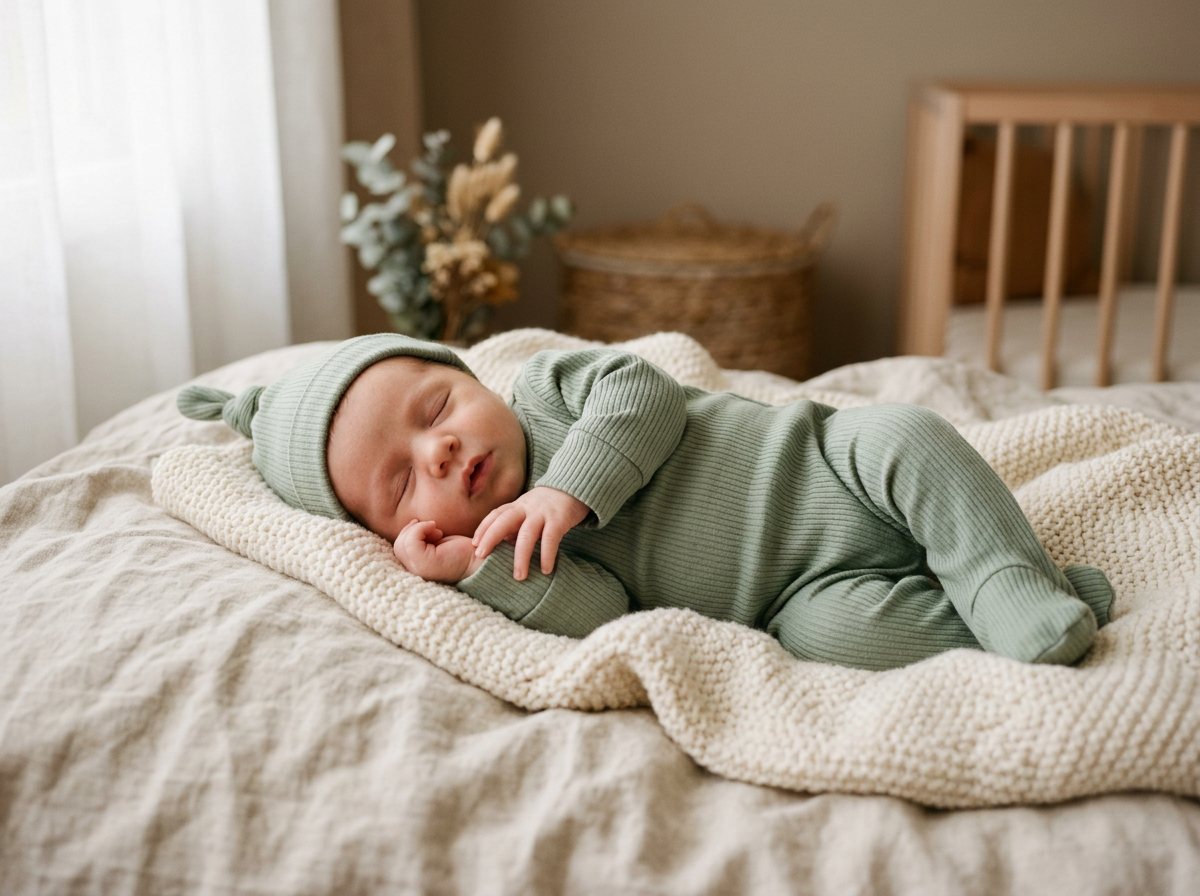 Pasgeboren baby in handgemaakt biologisch katoenen boxpakje met bijpassend knoopmutsje