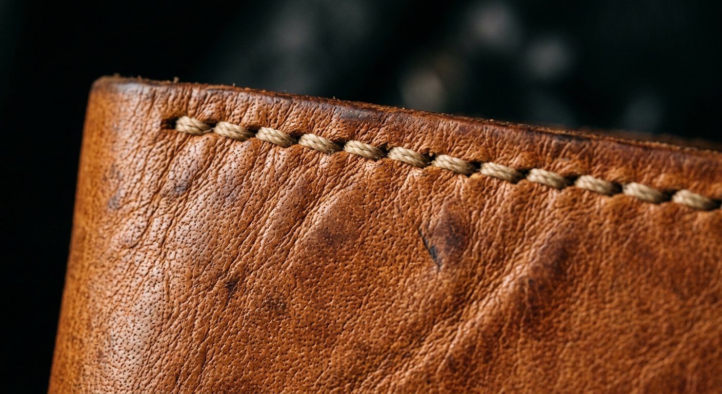 Close-up of full-grain leather texture showing natural grain and handcrafted stitching