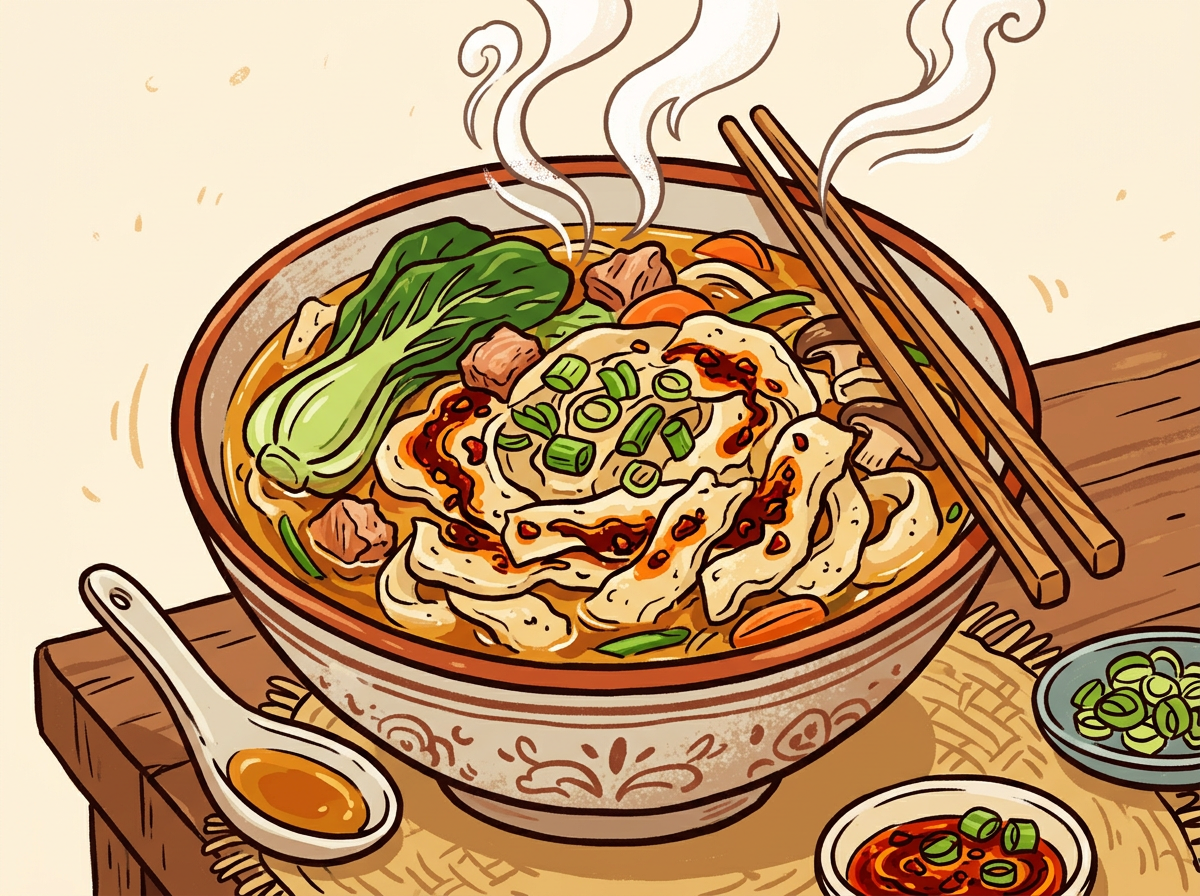 Cartoon illustration of knife-cut noodle soup