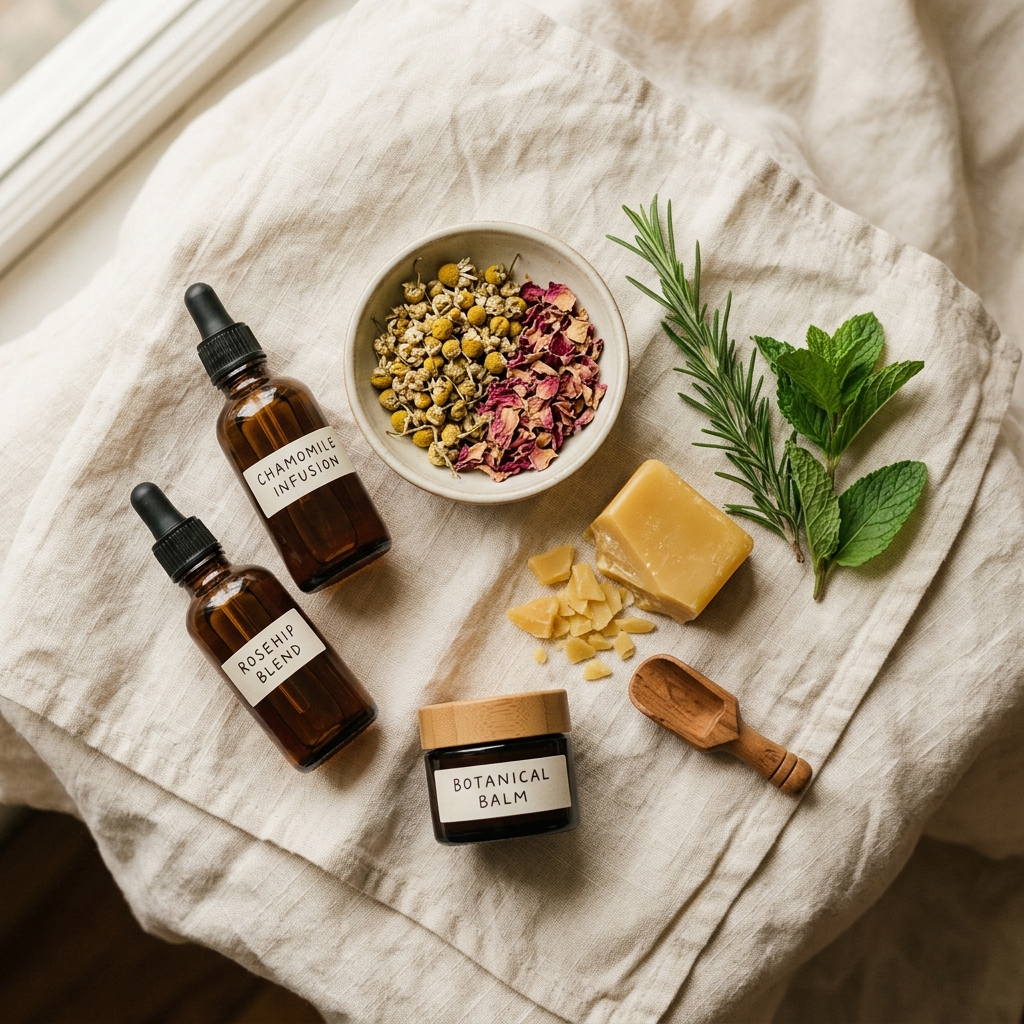 Natural skincare ingredients flat-lay