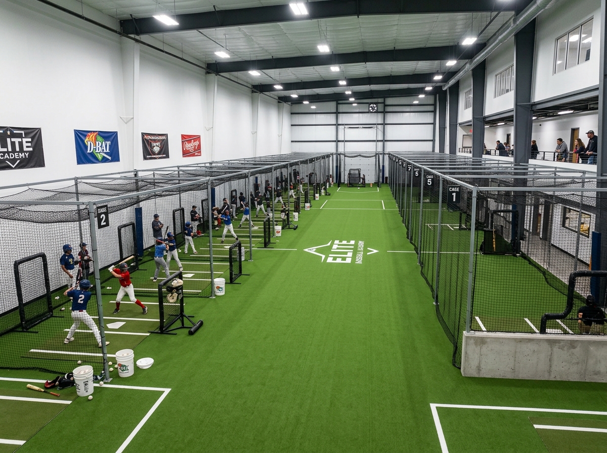 Indoor batting cage facility with artificial turf flooring