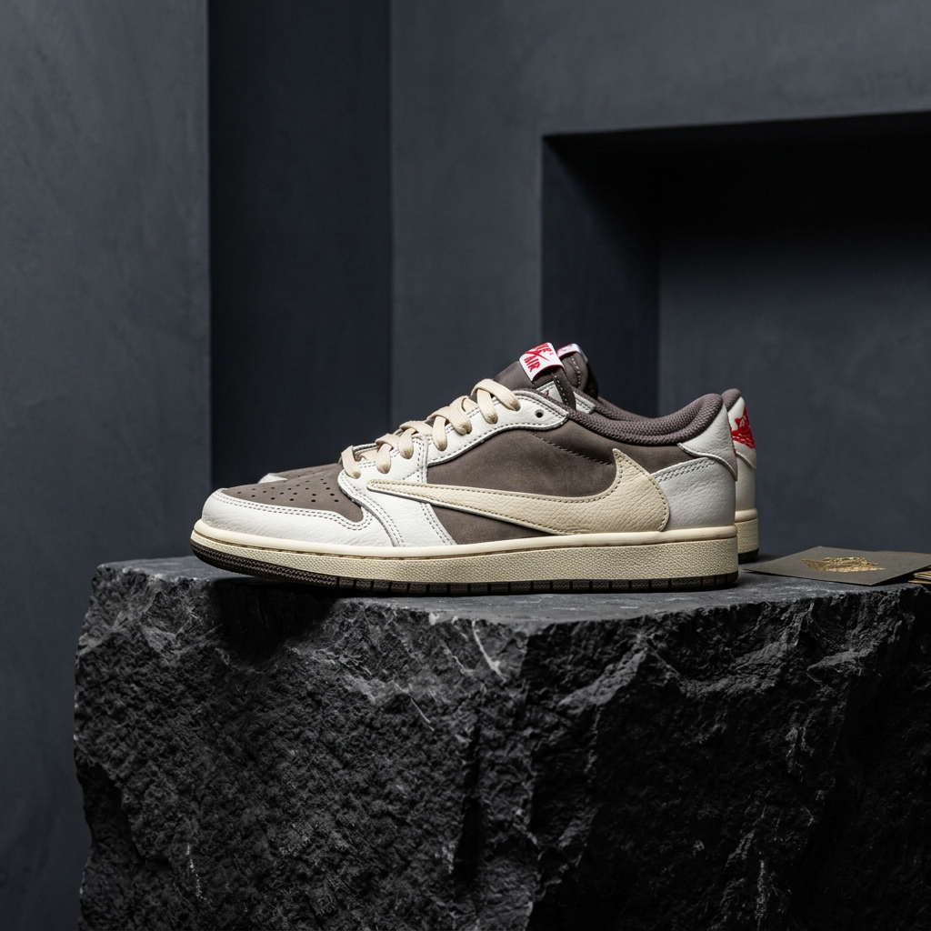 Earth-tone collector sneaker on dark textured base