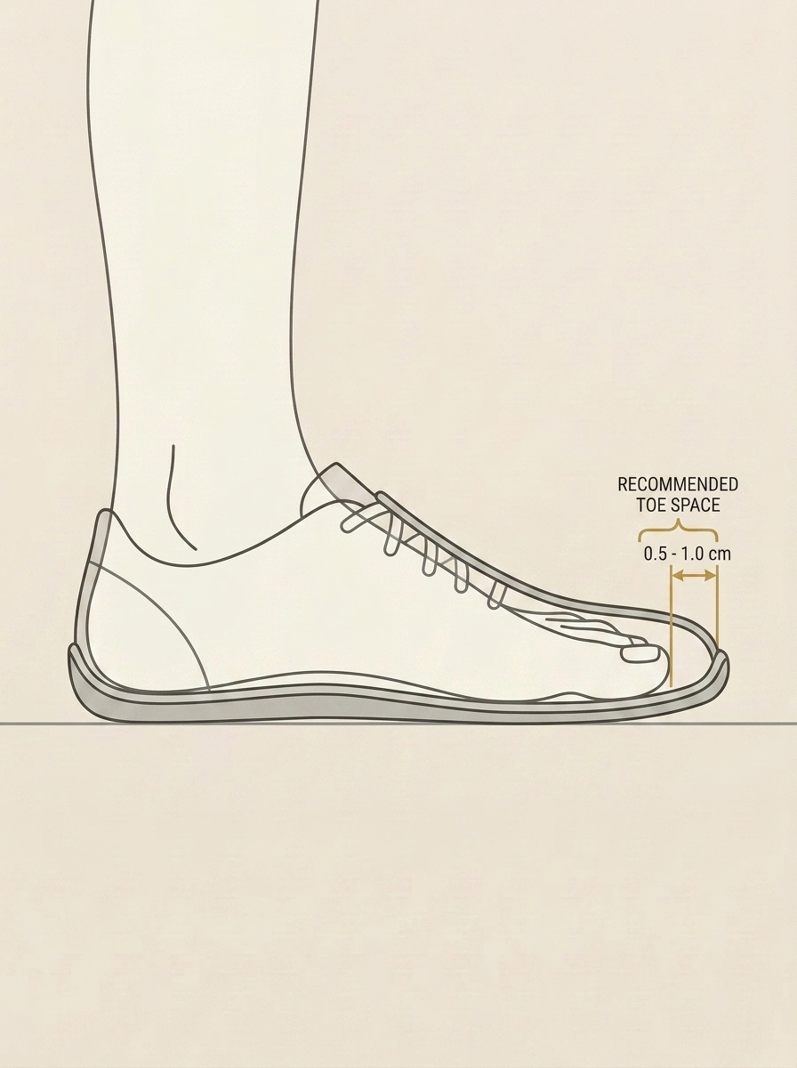 Diagram showing growing room space between the longest toe and the end of a barefoot shoe