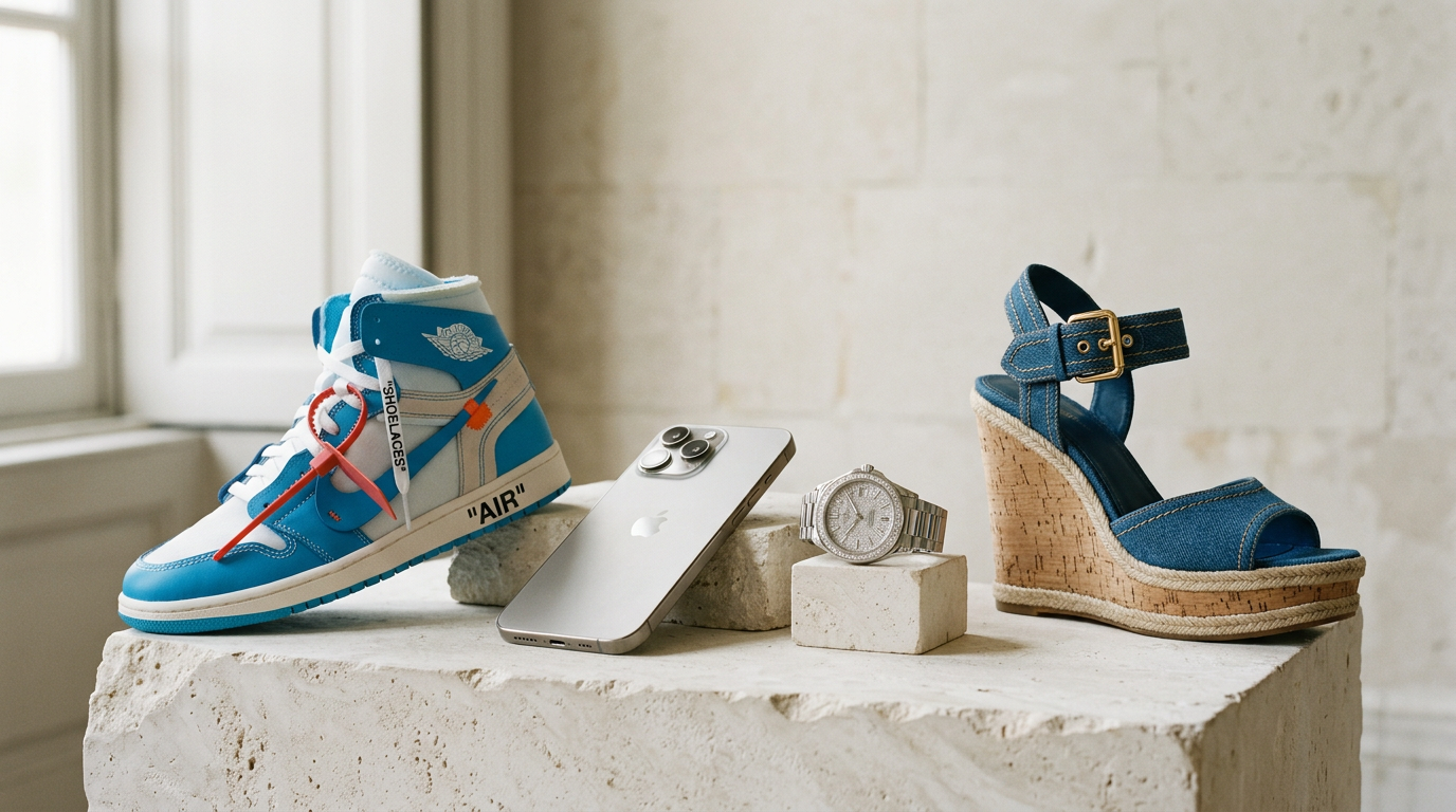 Editorial still life tableau of luxury watch, sneaker, flagship tech, and designer footwear on limestone plinth