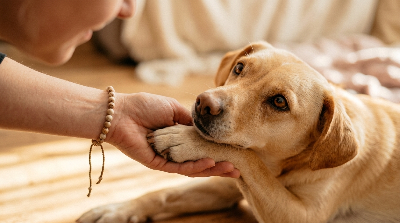 Hund mit Pfote auf Hand