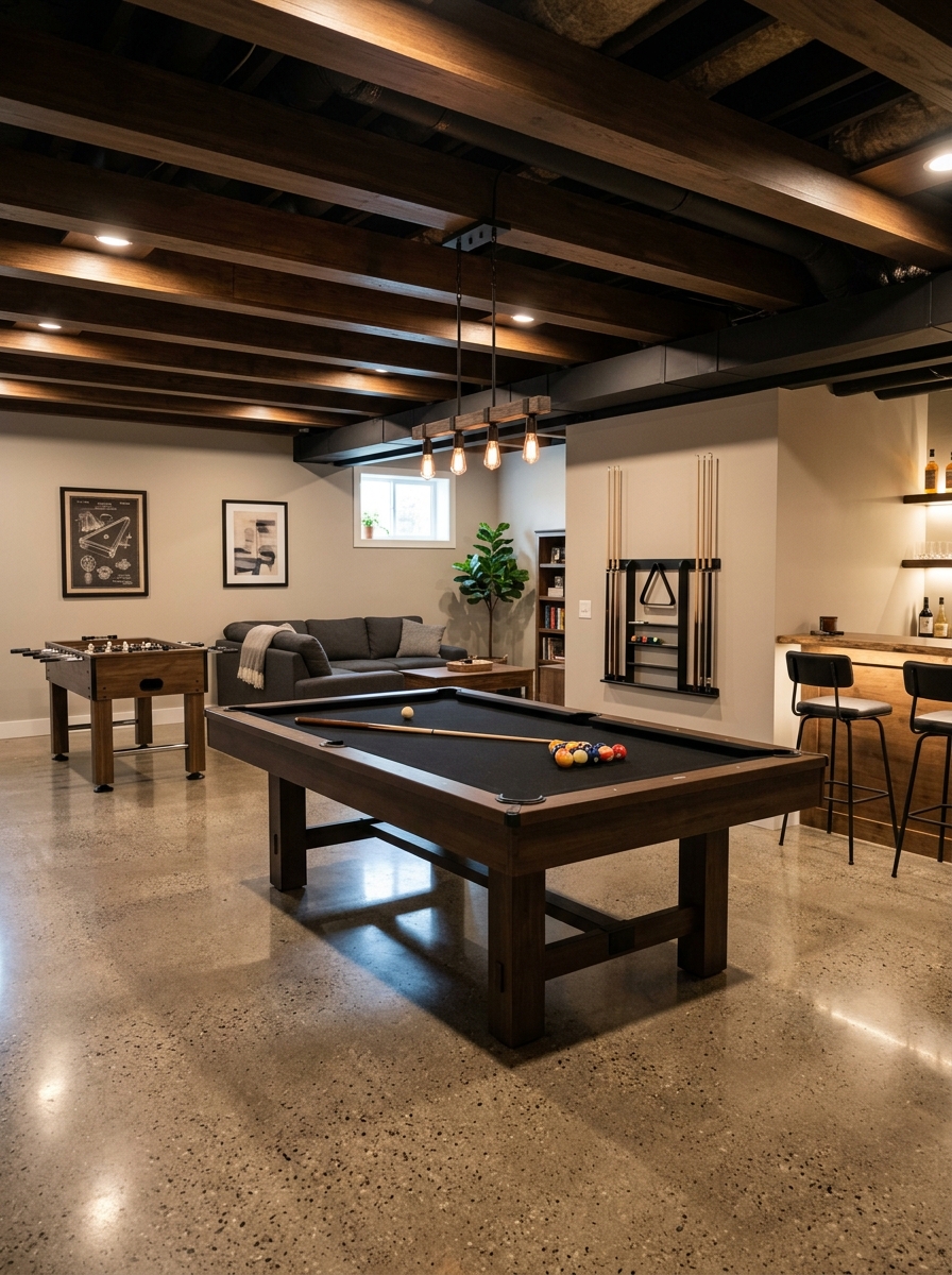Finished basement game room with pool table