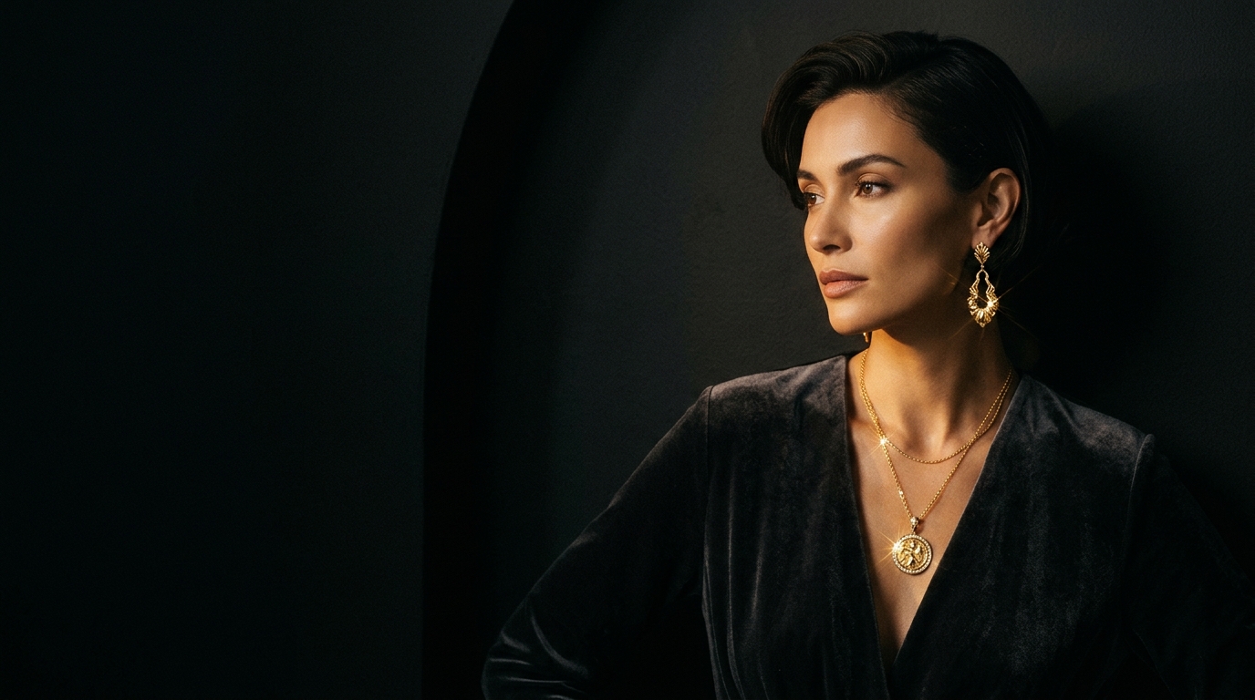 Model wearing layered gold fine jewelry against a dark background