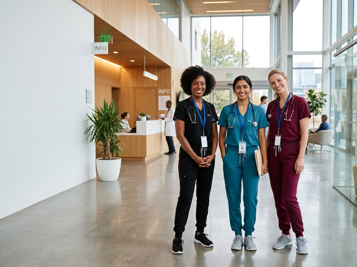 Healthcare workers in stylish scrubs