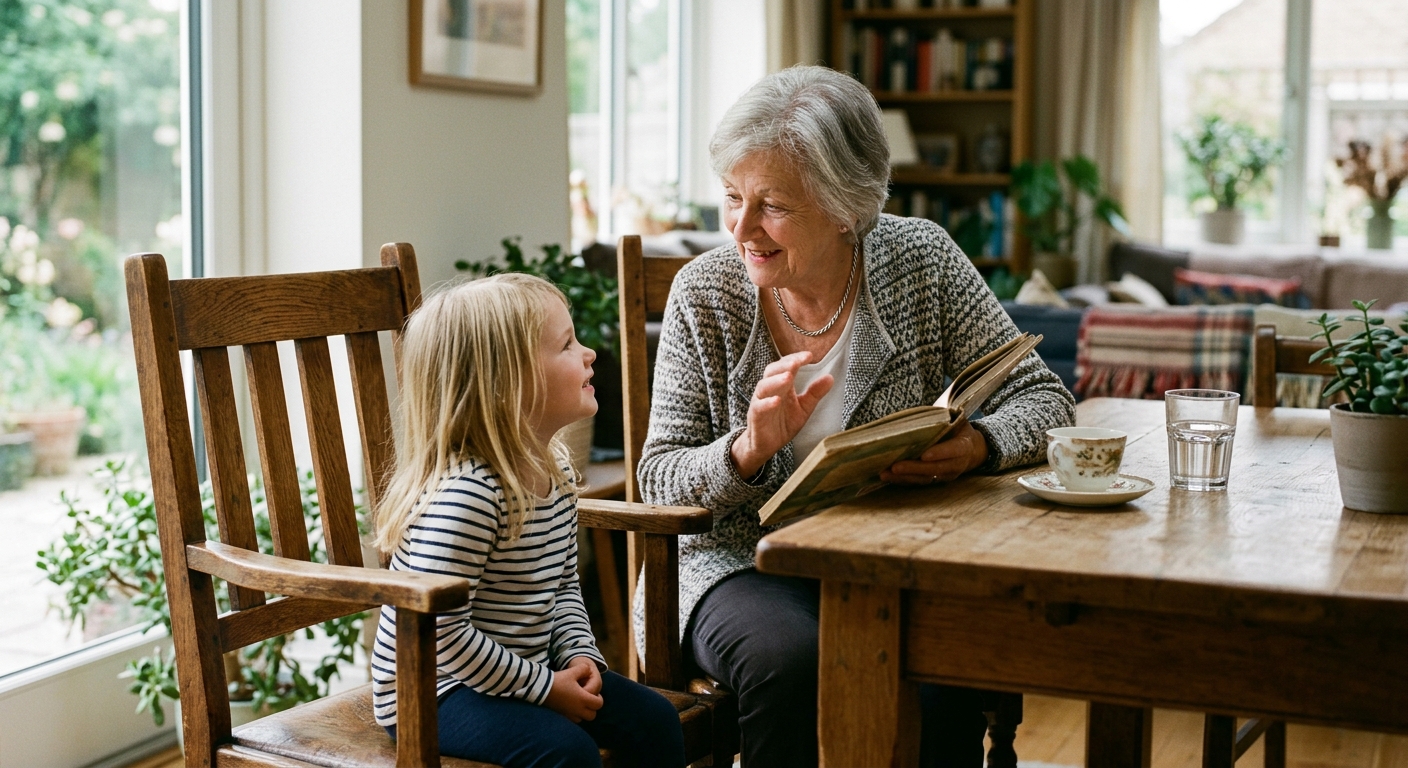 Grandmother and young granddaughter sharing a moment at a solid oak dining table, showcasing enduring furniture quality across generations