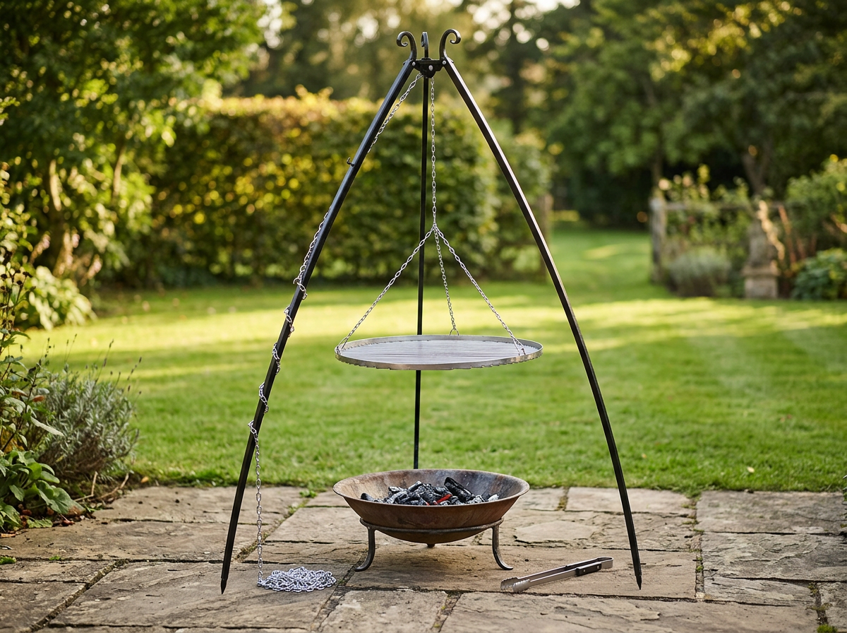 Schwenkgrill mit Dreibein in einem grünen Garten
