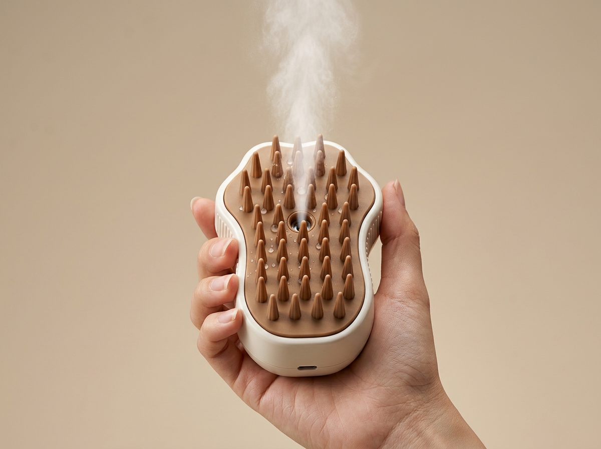 Furly Steam Pet Brush releasing soothing fine mist