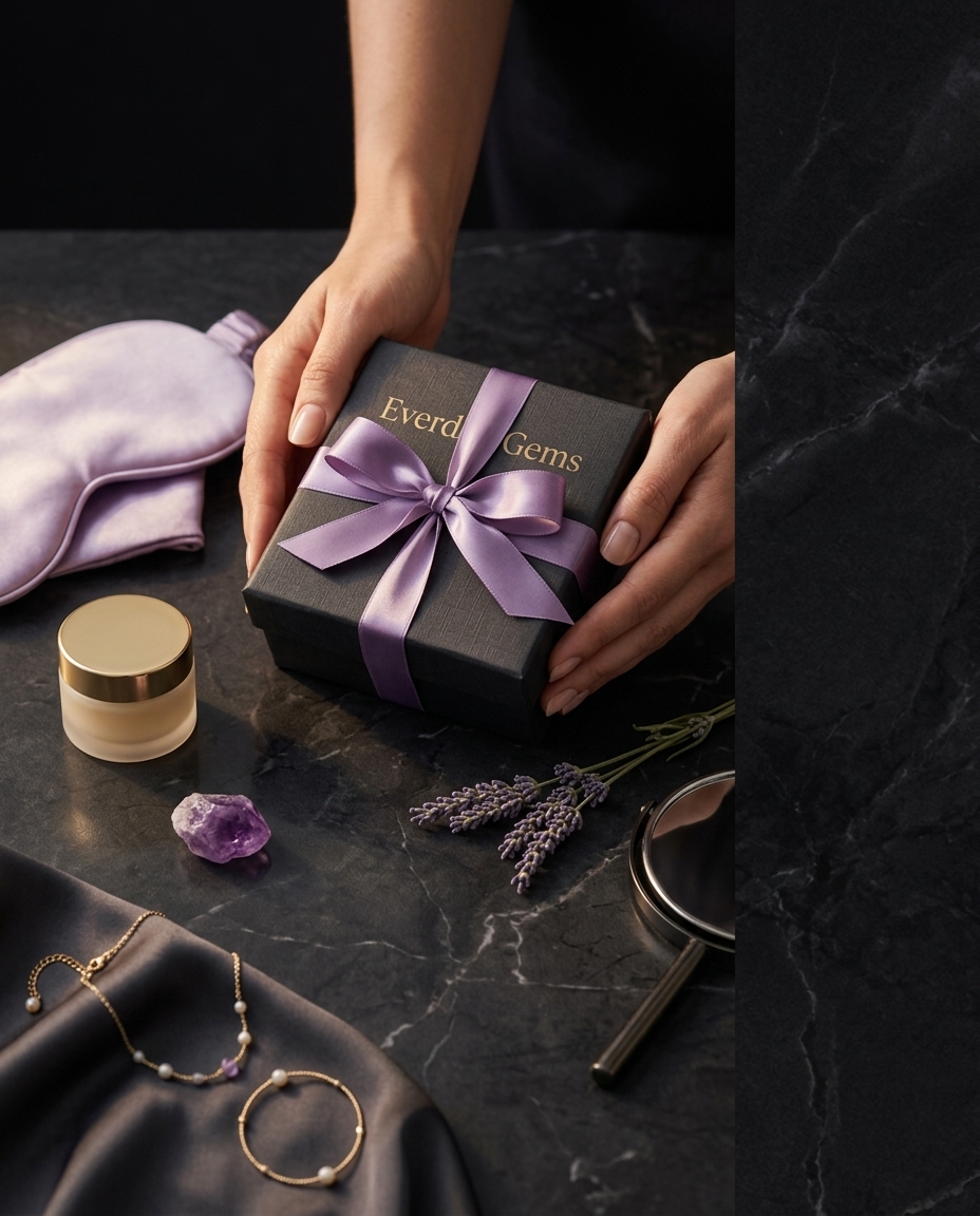 Luxury self-care gift box with lavender ribbon on dark marble