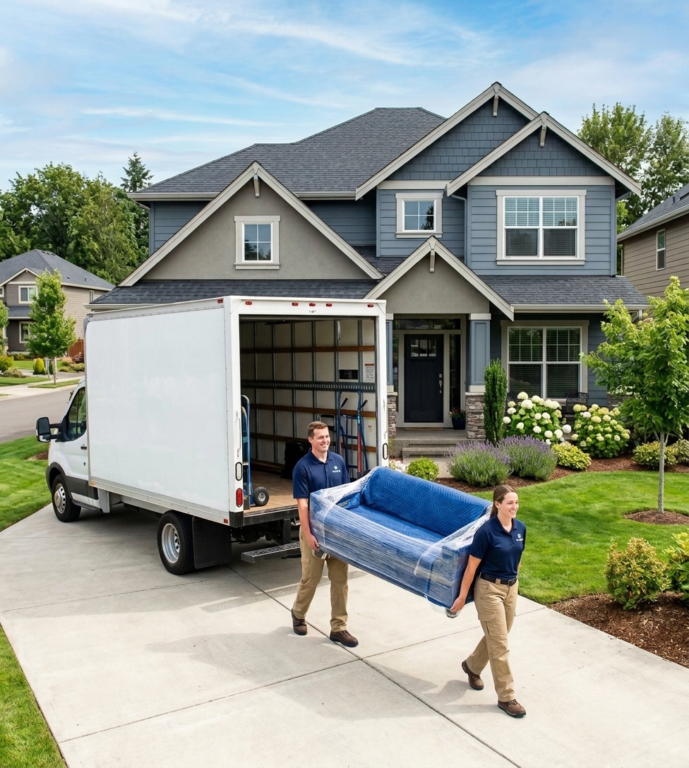 Professional furniture removal service at a suburban home