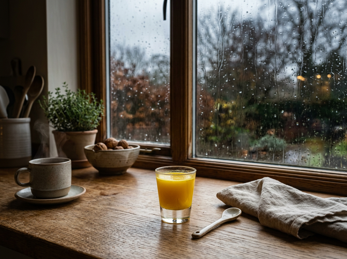 Gemütliche Morgenroutine mit Ingwer Shot am Fenster im Herbst