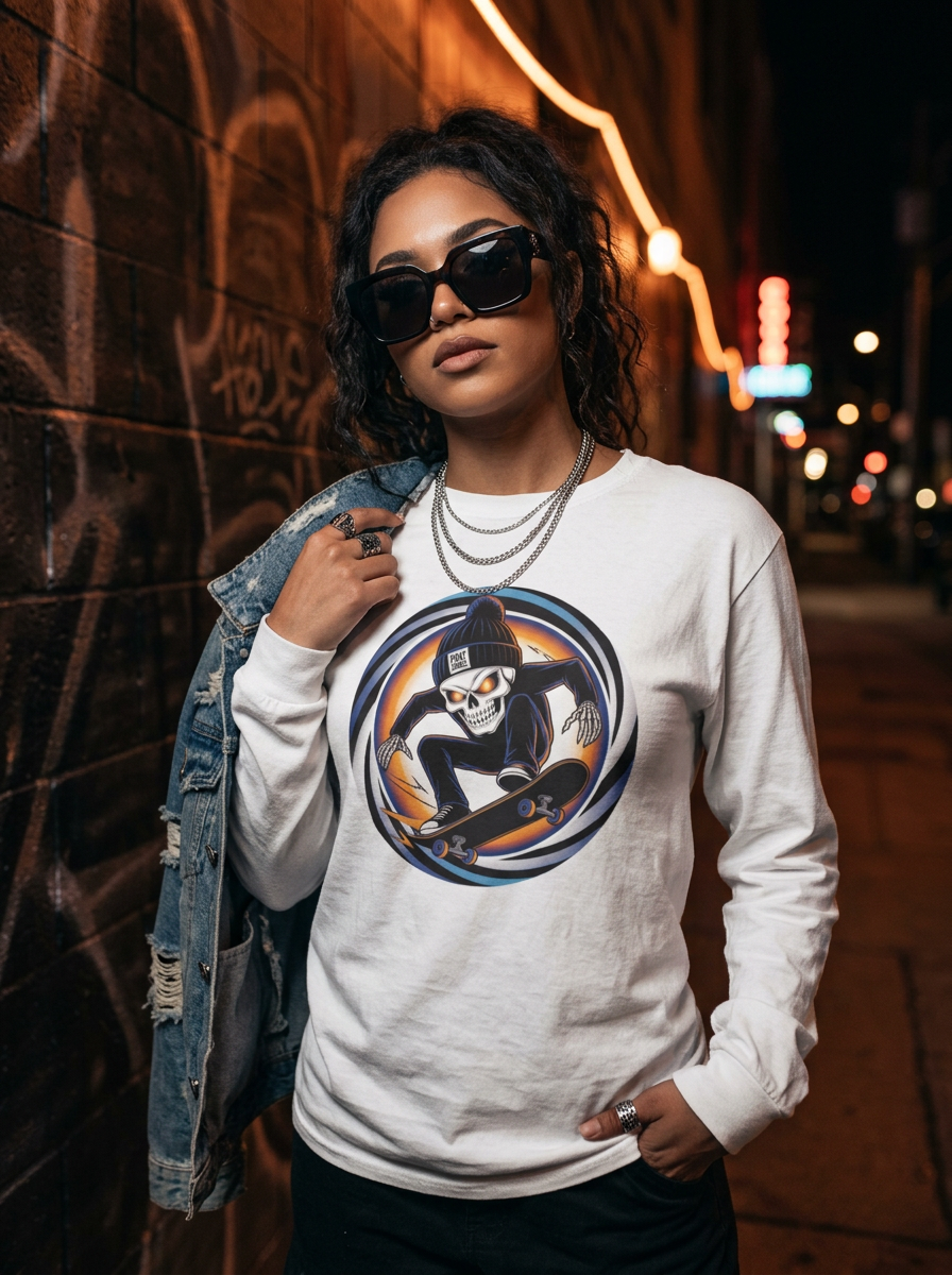 Model wearing Edgy Skeleton Skater Tee