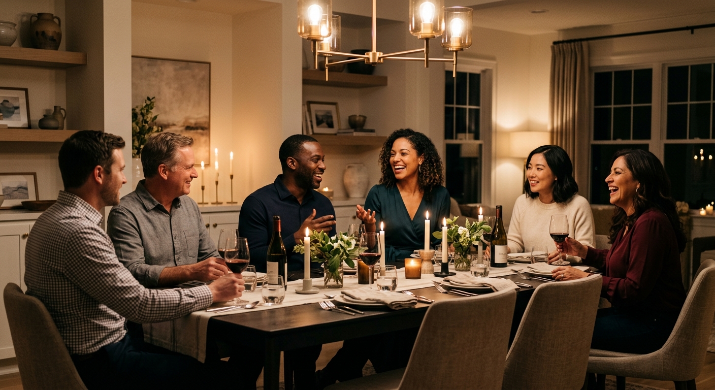Elegant dinner party with guests seated around a modern dining table in conversation