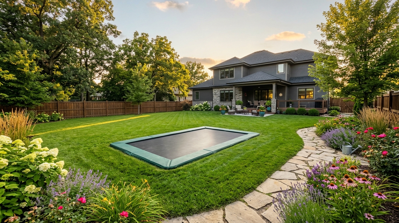 Flush-to-ground in-ground trampoline blending seamlessly into a lush green Omaha backyard lawn