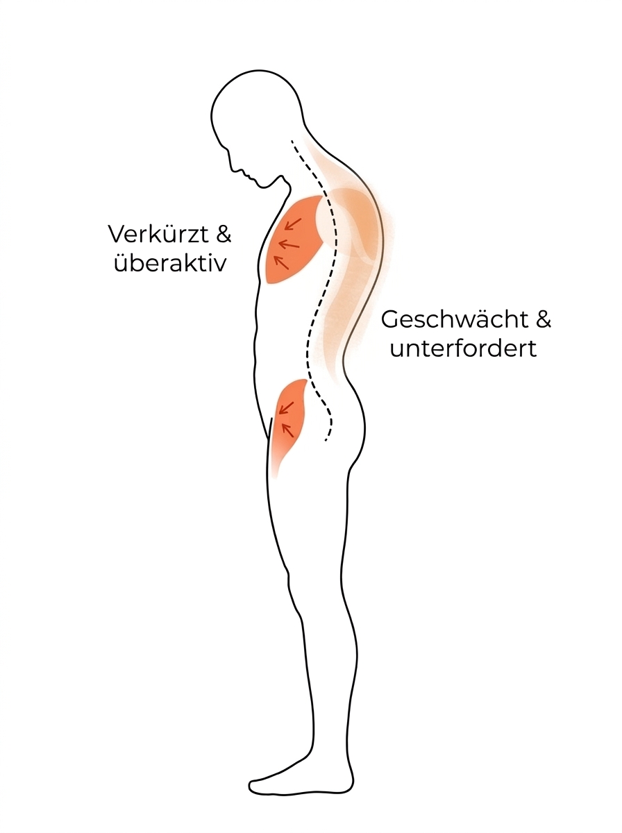 Anatomie-Illustration des Zug-Defizits: verkürzte Brust- und Hüftbeugermuskulatur (orange) und geschwächte Rückenmuskulatur (verblasstes Orange) bei nach vorne geneigter Haltung