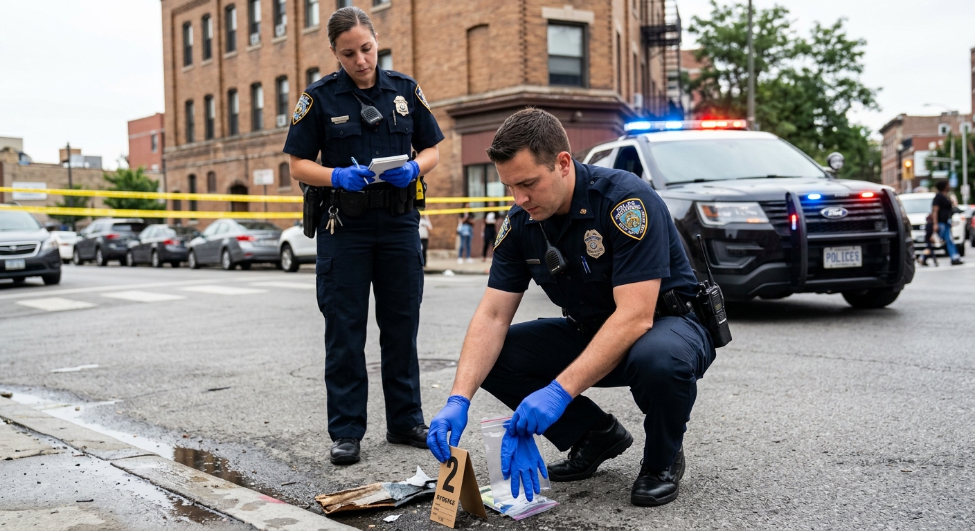 Police officers wearing cobalt blue nitrile gloves at patrol scene