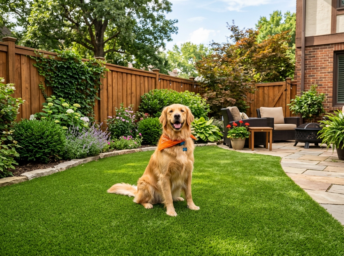 Backyard with artificial turf lawn and a golden retriever dog