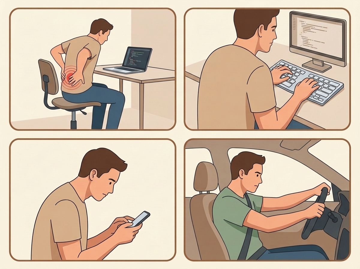 Collage der vier Alltagsbewegungen: Sitzen, Tippen, Handy und Autofahren als Push-Bewegungen