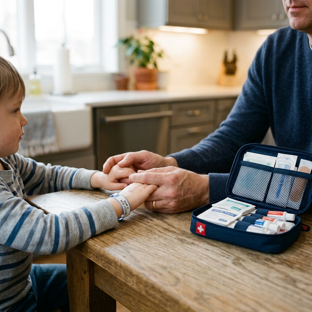 Parent holding child hands with medical supplies on kitchen table
