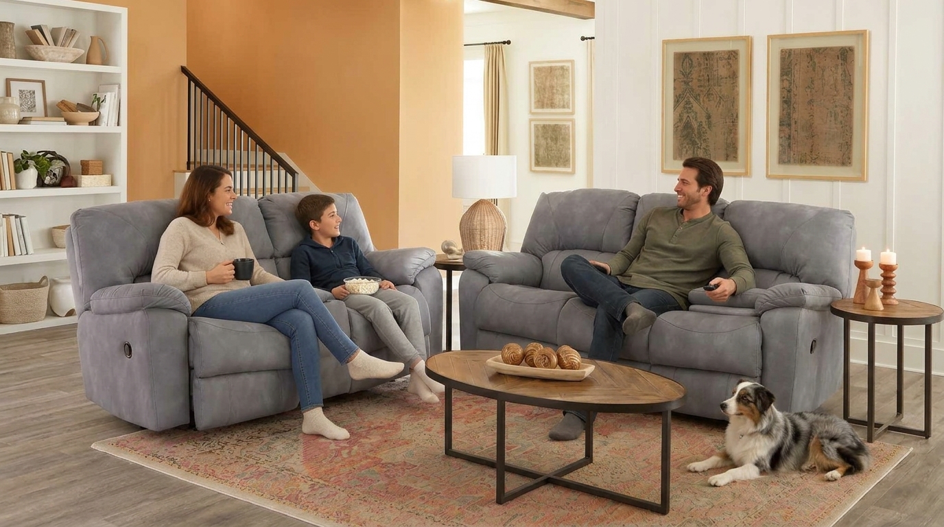 Family relaxing with dog on grey reclining loveseats