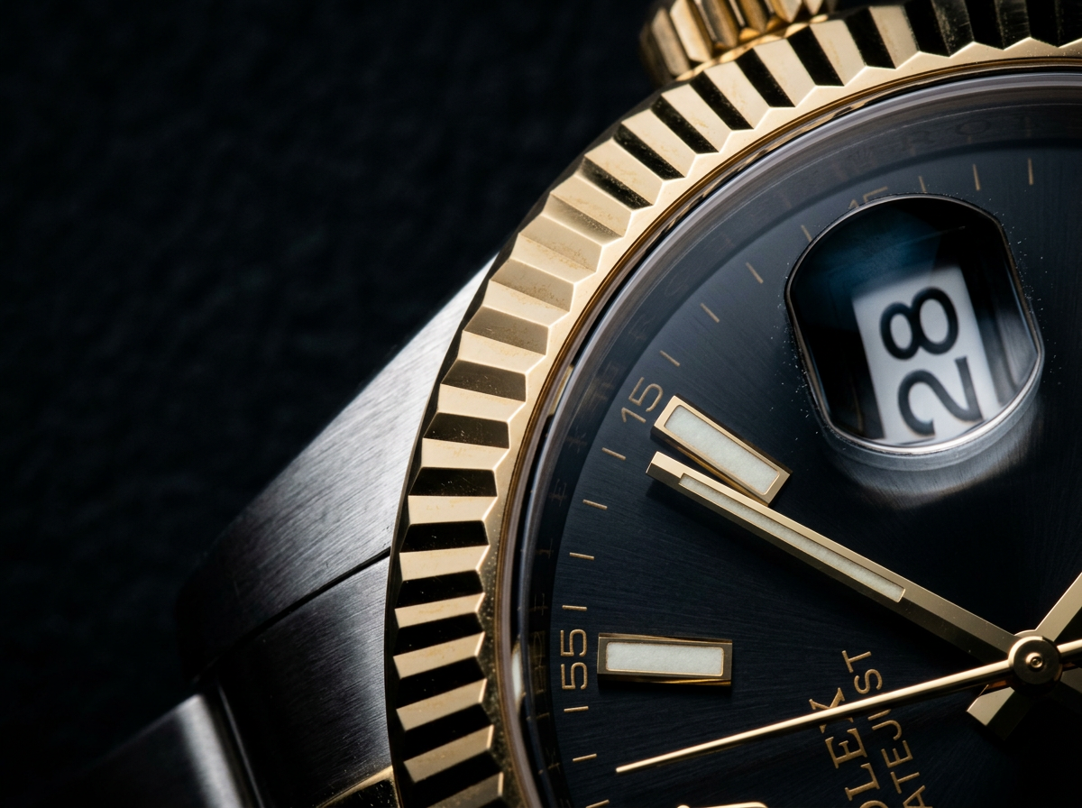 Macro detail of luxury watch fluted bezel and dial