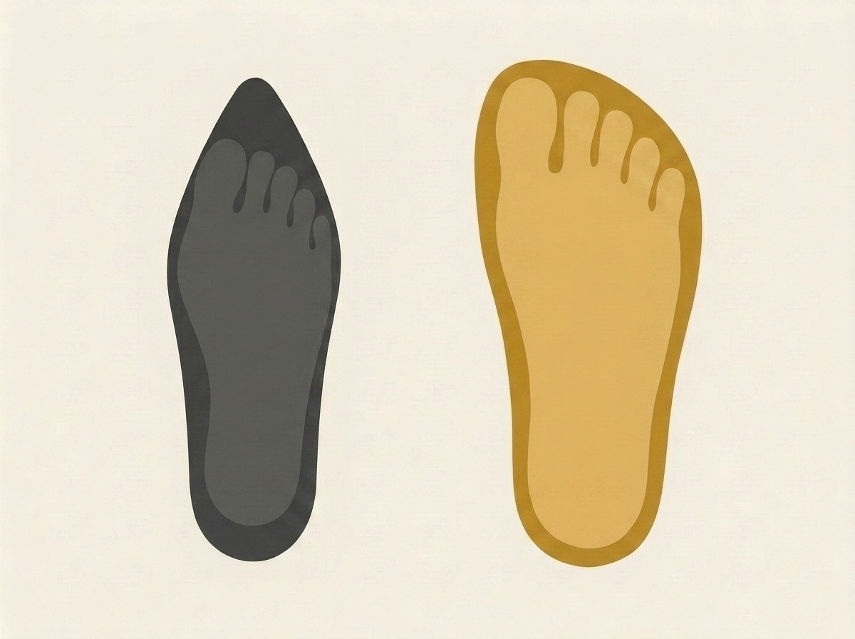Side-by-side comparison of barefoot shoes vs conventional shoes: left foot with toes naturally splayed in a wide toe box, right foot with toes compressed and pinched together by a narrow conventional shoe