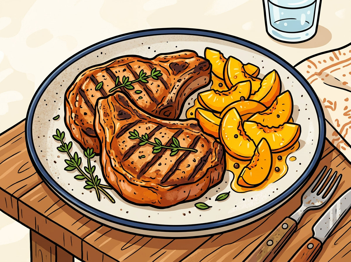 Cartoon illustration of grilled pork chops with pickled peaches