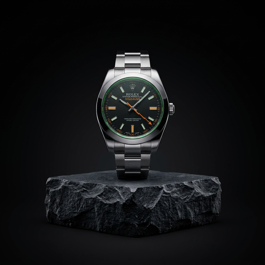Rolex Milgauss 40mm with green sapphire glass on dark slate pedestal