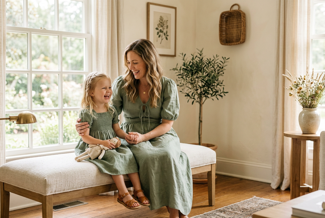 Mother and daughter in matching sage green smocked dresses in a sunlit room