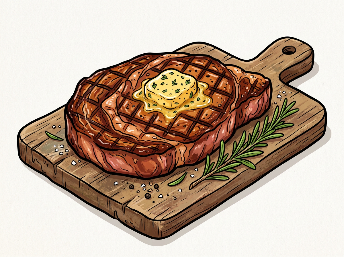 Cartoon illustration of reverse-sear ribeye