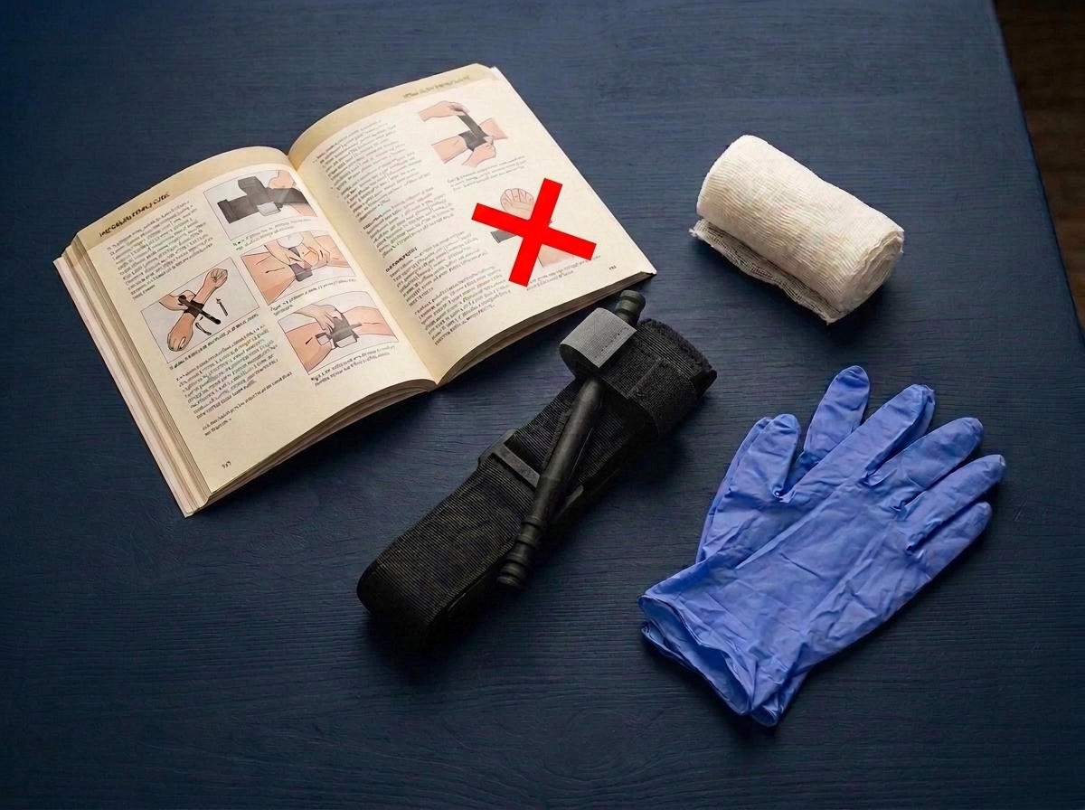 Medical readiness guide with black CAT tourniquet and trauma supplies on a dark surface