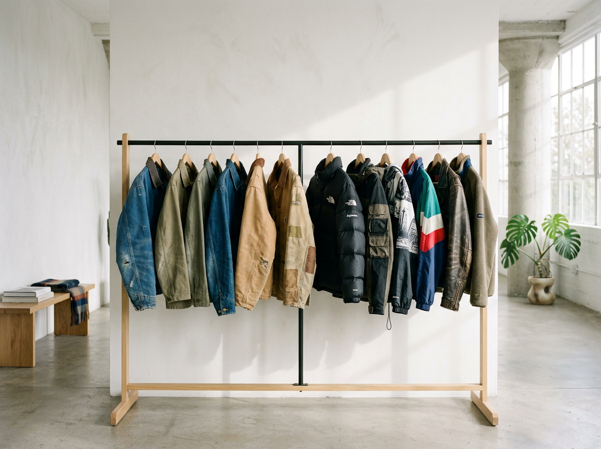 Curated rack of vintage workwear jackets on wooden hangers