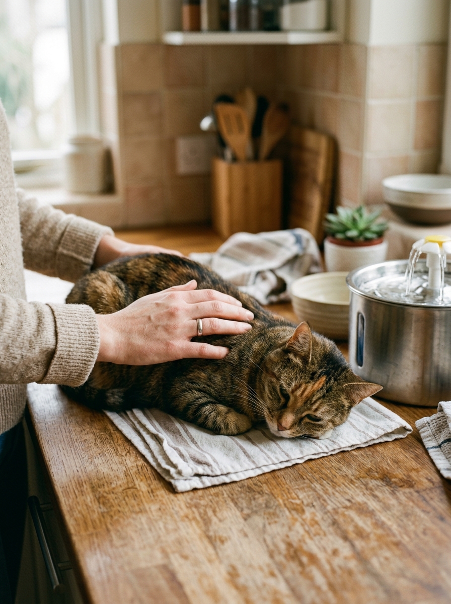 Hands gently petting a cat on a kitchen counter near a stainless steel water fountain