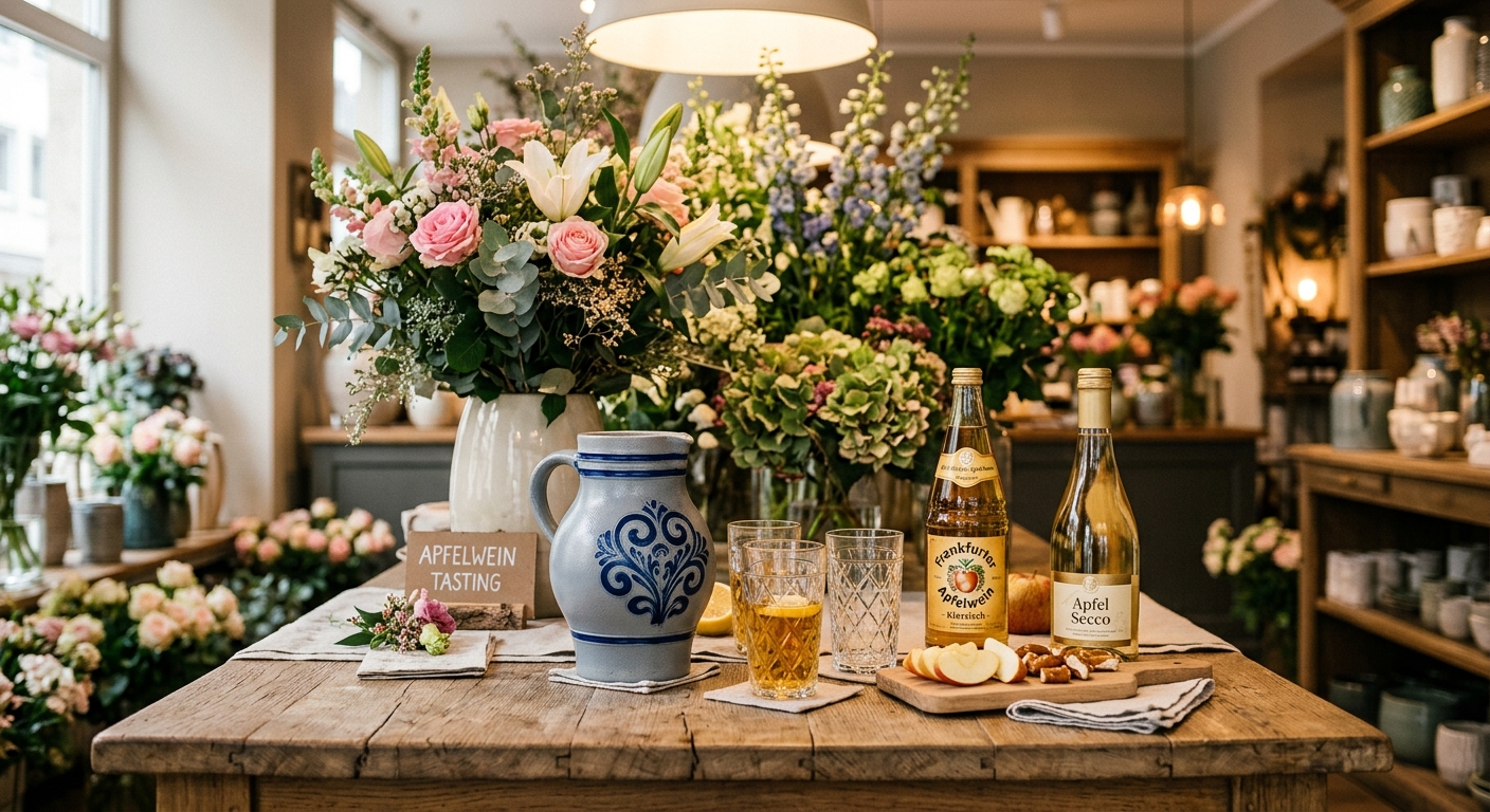 Apfelwein-Tasting im Blumenladen Frankfurt - Bembel, Geripptes und Blumenarrangements