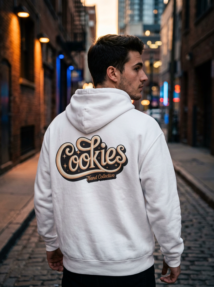 Model wearing Hooded Sweatshirt Vintage Cookies with back print
