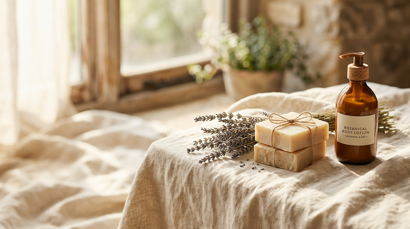 Dried lavender sprigs, handmade soap bars, and an amber lotion bottle on sunlit linen