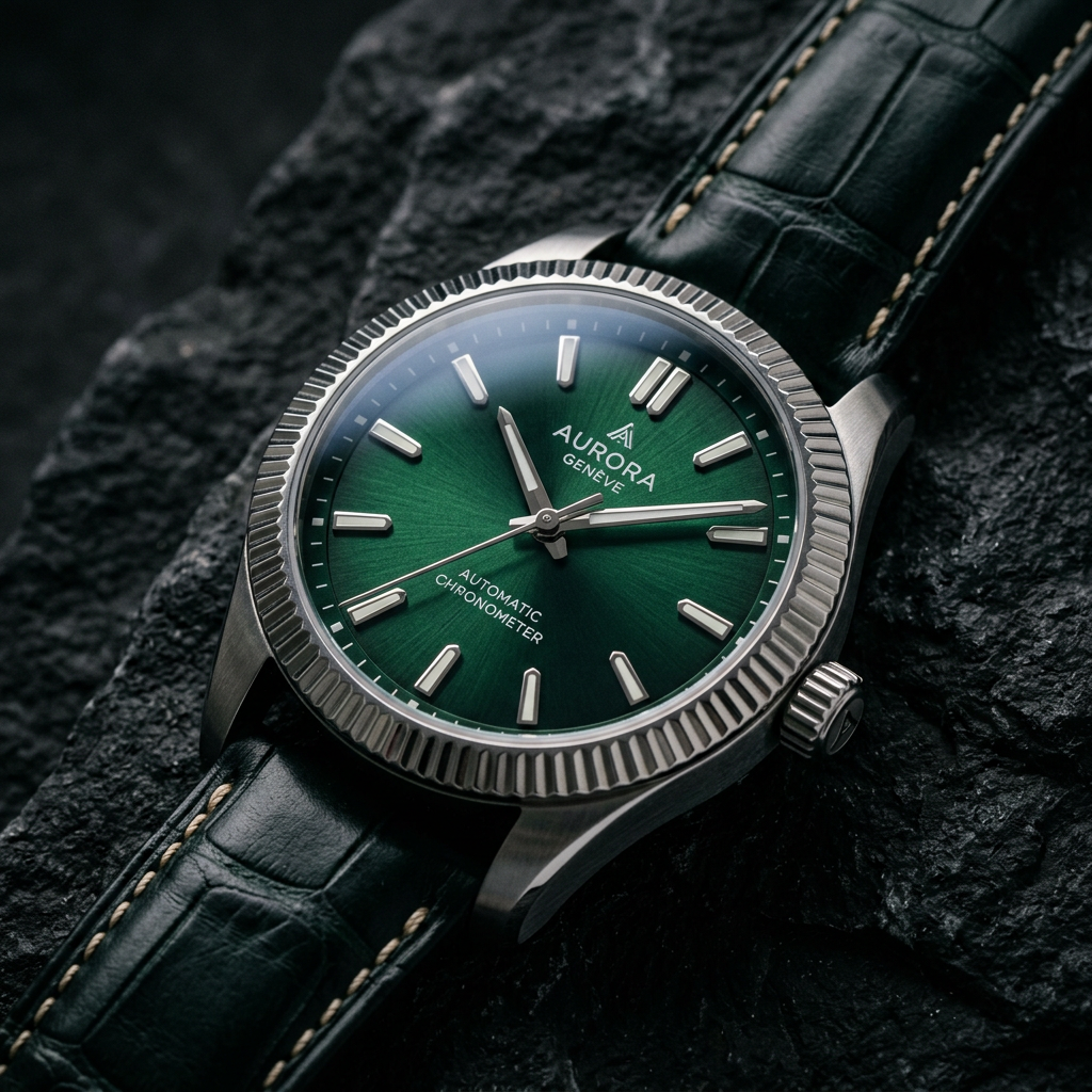 Luxury mechanical watch with green dial and leather strap