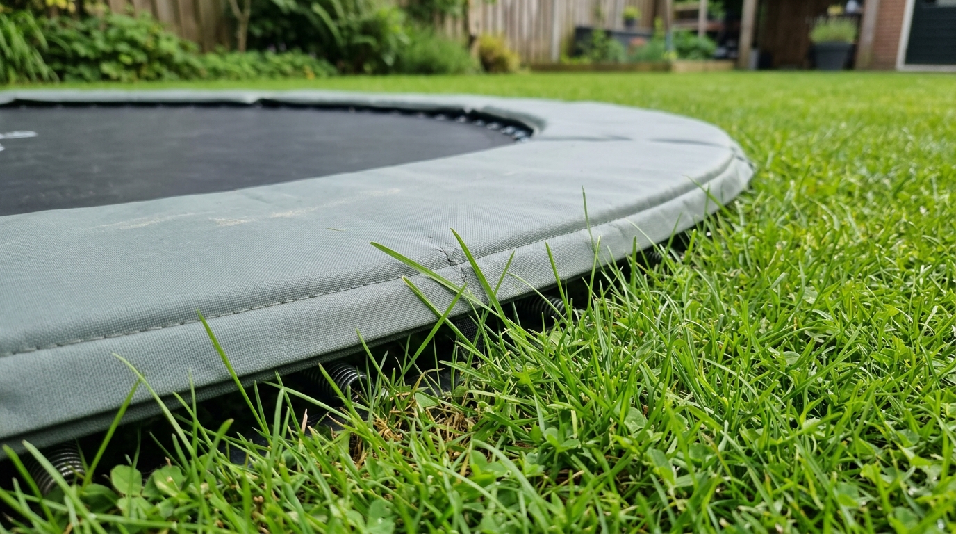 Close-up of in-ground trampoline edge perfectly flush with green grass