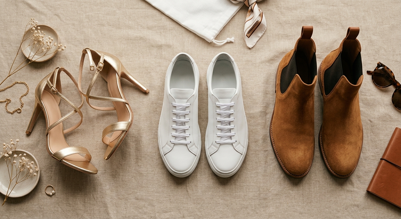 Women's shoes arranged by occasion: heels, sneakers, and boots