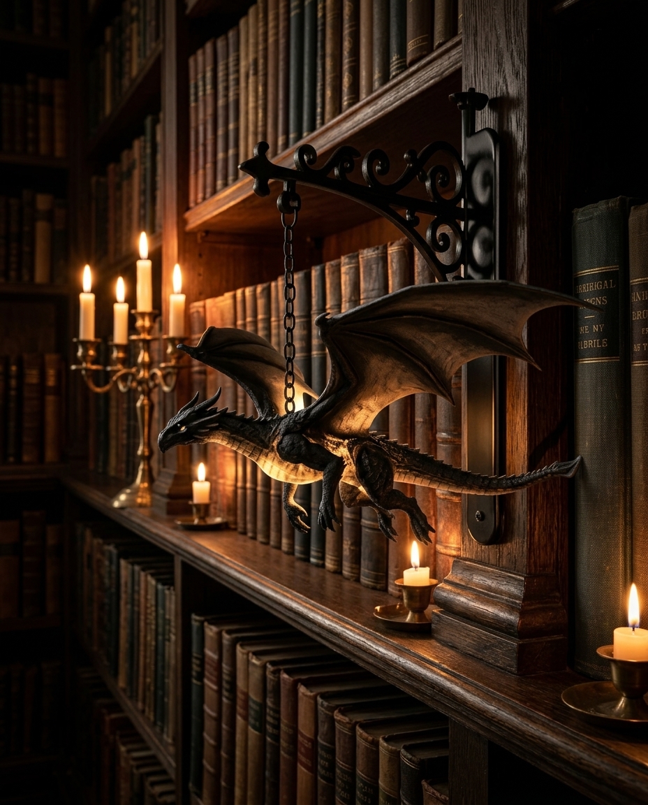 WyrmGlow obsidian dragon bookend perched on a bookshelf in a moody gothic study at night